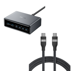 Anker Prime Charger (200W, 6 Ports, GaN) and Anker USB-C to USB-C Cable (6 ft, 240W, Upcycled-Braided)