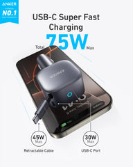 Anker Nano 75W Car Charger and New Nylon USB-C to USB-C 100W Cable (10 ft)